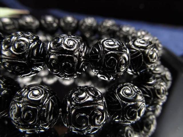 黒水晶 マニコロ彫刻ブレスレット 12mm-12.5mm×17珠前後 天然チベット