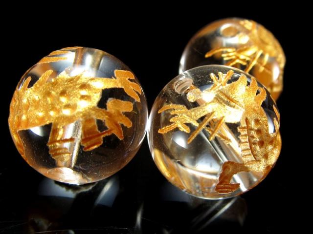 1粒売り 金塗り14ミリ珠 天然水晶 クリスタル 麒麟 キリン 彫り 吉祥