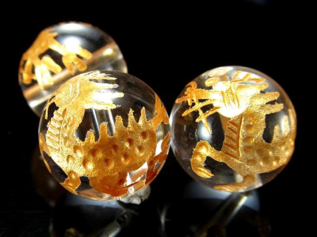 1粒売り 金塗り14ミリ珠 天然水晶 クリスタル 麒麟 キリン 彫り 吉祥