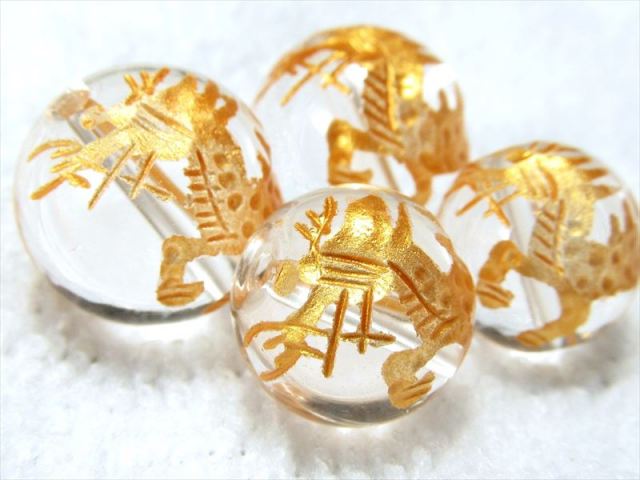 1粒売り 金塗り14ミリ珠 天然水晶 クリスタル 麒麟 キリン 彫り 吉祥