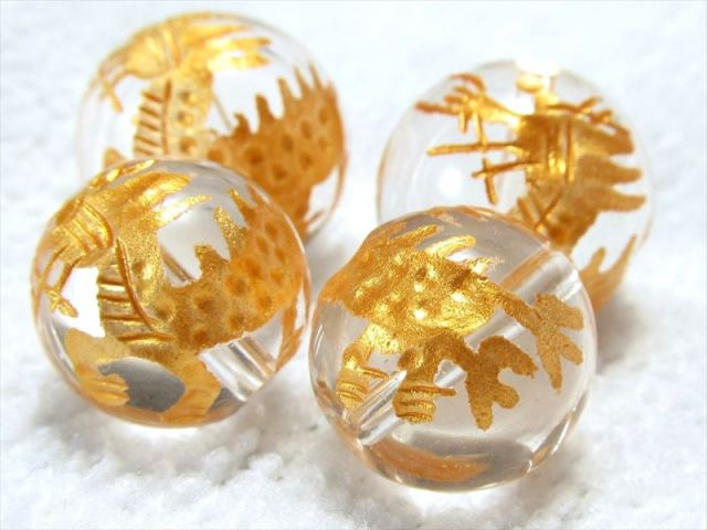 1粒売り 金塗り14ミリ珠 天然水晶 クリスタル 麒麟 キリン 彫り 吉祥