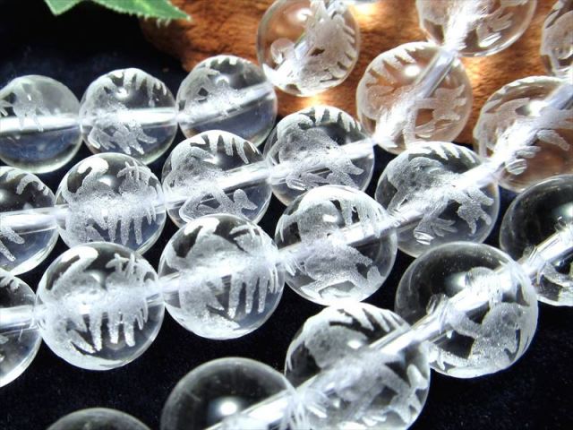 天然水晶 麒麟彫り 連 14mm珠 吉祥仁慈の瑞獣 クリスタル キリン 彫刻入り 一連 約38-40cm