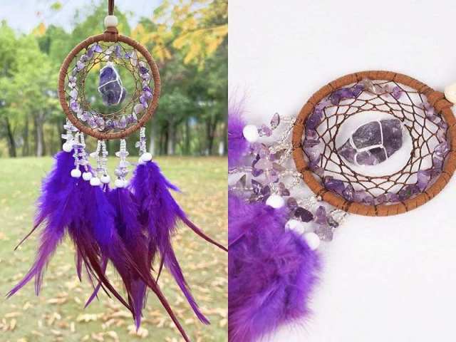 天然石のフェザードリームキャッチャー 全長約30cm 紐で調節可 ネット