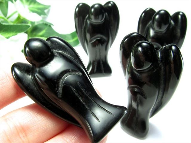 オブシディアン エンジェル彫り 置物】1個売り 縦40mm前後 黒曜石