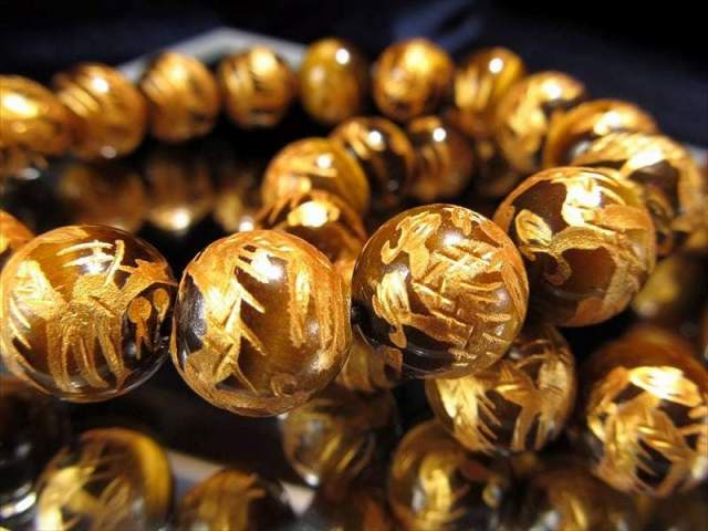 手彫り タイガーアイ金龍彫りブレスレット 12mm-12.5mm×17珠前後 超人気 金龍 ドラゴンボール 金運・仕事運のアップに 南アフリカ産 bl-p