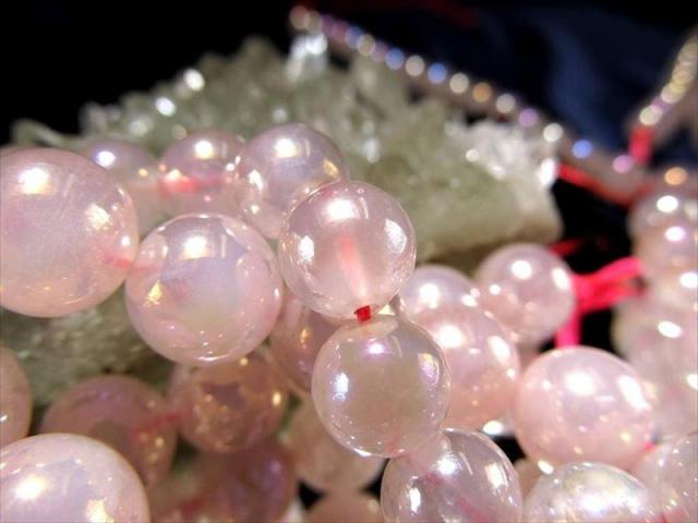 激安宣言 約8mm珠 ローズオーラクォーツ 一連 約37-39cm オーラ 蒸着紅