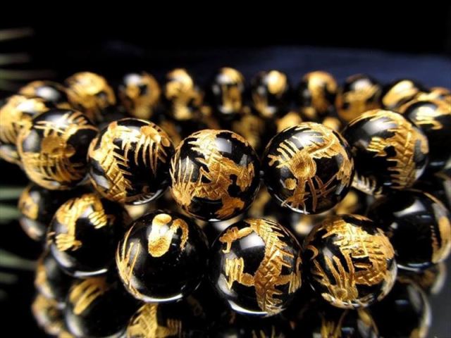 運気上昇 金龍 ドラゴンボール 黒水晶 金龍彫りブレスレット 12mm-12.5