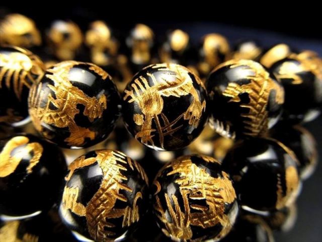 運気上昇 金龍 ドラゴンボール 黒水晶 金龍彫りブレスレット 12mm-12.5mm×17珠前後 天然チベットモリオン 手彫り 最強の魔除け・邪気払いの石 動画あり