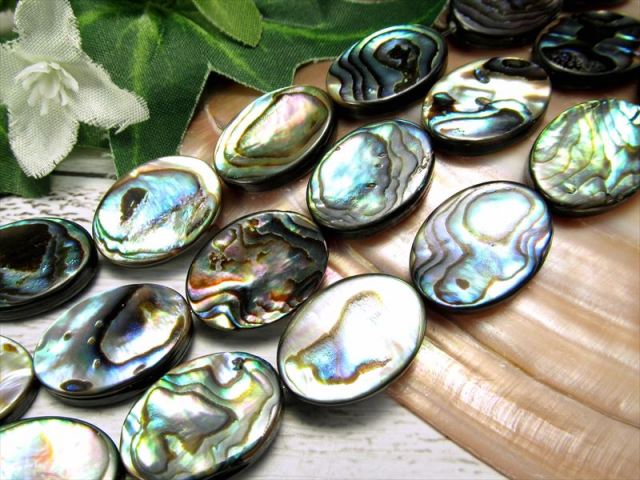 オーバル型 アバロンシェル アバローニ貝 一連 約38-40cm 幅約18mm×13mm前後 虹色光沢 ニュージーランド産 パワーストーン 天然石