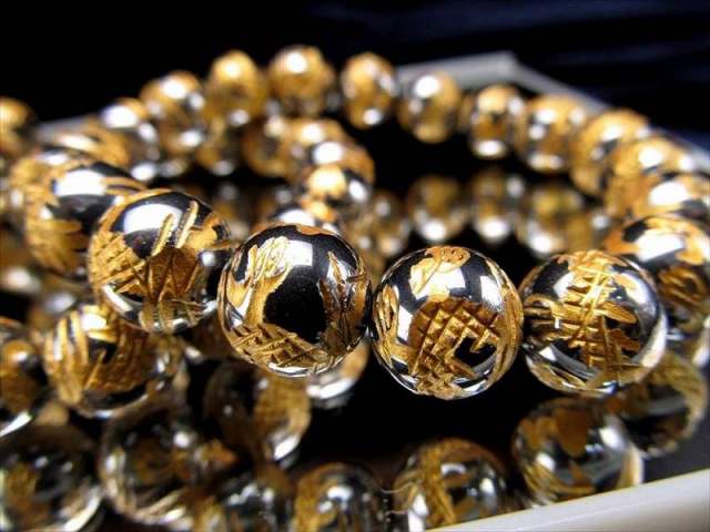 高純度 テラヘルツ鉱石 龍彫りブレスレット 金塗り 約8mm×23珠前後 龍