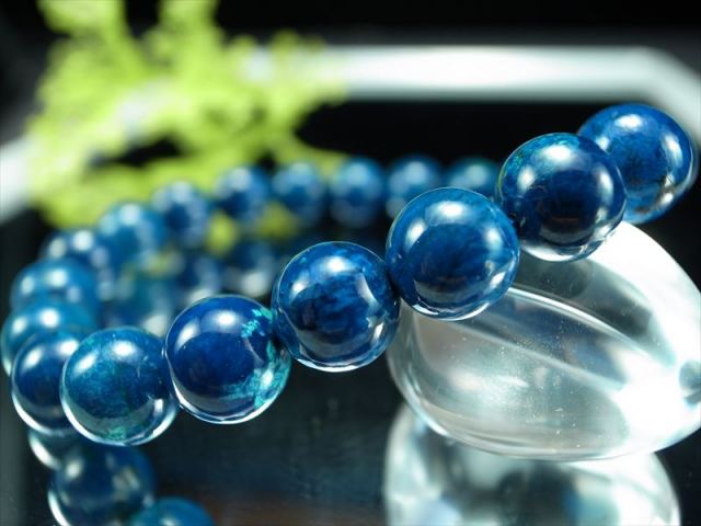 高発色 青と黒の美コントラスト 5A ブルー クリソコラ ブレスレット 9mm-9.5mm×21珠 光沢抜群 希少なブルー多めクリソコラ 幸運と繁栄の象徴 珪孔雀石