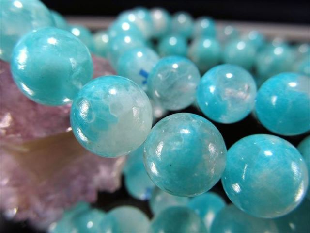 2A+ アマゾナイトシリカ ブレスレット 8.5mm-9mm×22珠前後 天河石 石英共生による個性的模様 美しいシーブルータイプ 中国 ウイグル自治区産