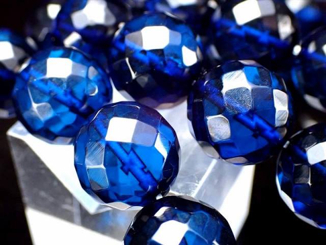 5A サファイア ブルーアンバー カット ブレスレット 約6.5mm-7mm×27珠前後 きらきらカットタイプ 人気の64面カット 極上透明 発色美しいリトアニアアンバー