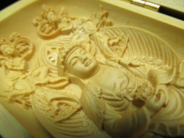 5A極上彫り 阿弥陀三尊像 高さ約100-105mm 仏像 観音開き 木彫り 坐像