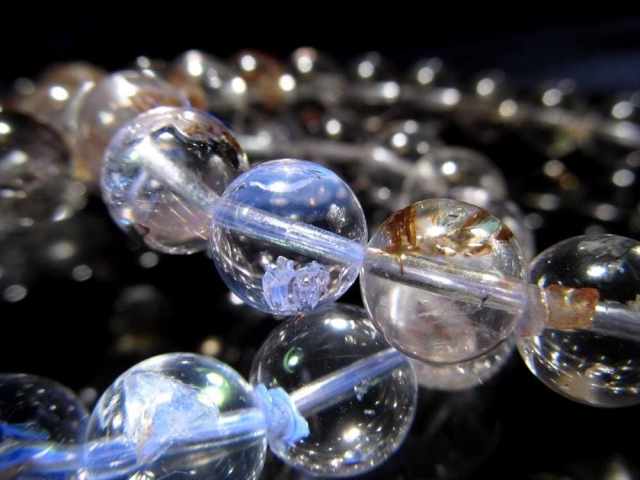 超希少AAA オイルインクォーツ 石油入り水晶 ブレスレット 8.5mm-9mm×22珠前後 淡いパープルクリスタル入りも 幻想的な蛍光発色