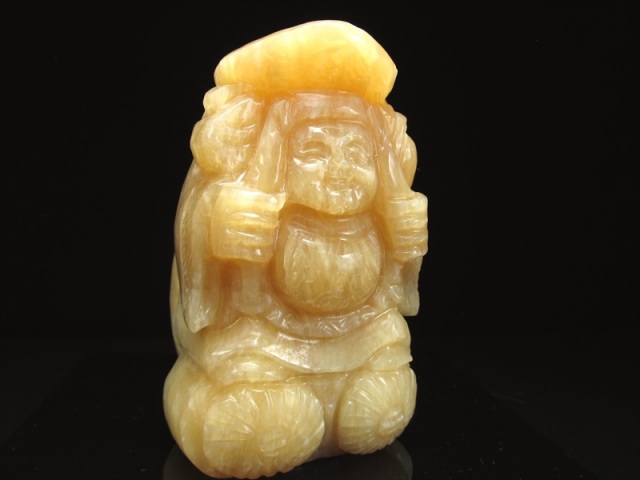 縁起物 オレンジカルサイト 大黒天 彫刻置物 高さ約103mm 重さ886g 七福神で有名な大黒天様 インテリアや贈り物に 五穀豊穣 商売繁盛 1点物 手彫り hos