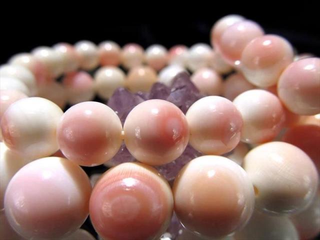 2A 天然ピーチシェル クイーンコンクシェル ブレスレット 約10mm-10.5mm×19珠前後 貝の女王 ふんわりピーチピンク 恋のお守り カリブ海 バハマ諸島沖産