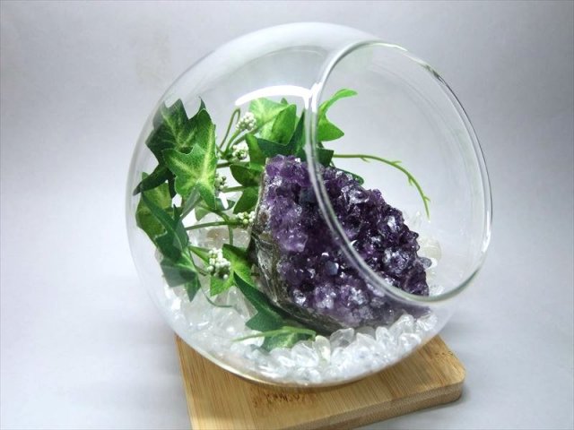 天然石 ボトリウム 5点セット 平置き アメジストクラスター+水晶さざれ300g+斜め口ガラスボトル+竹コースター+フェイクグリーン 造花 の5個Set 癒しと安眠