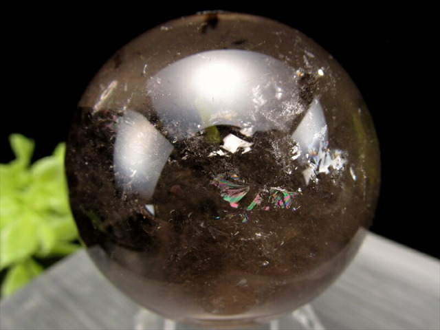 虹入り スモーキークォーツ 丸玉 台座付き 直径50mm 重さ215.5g 魔除け 