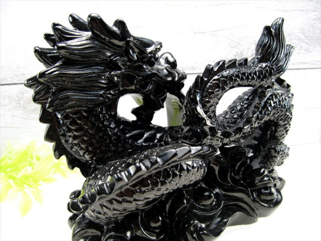 玉持ち龍神 瑠璃製 ブラックカラー 龍 置物 横幅約145mm 重さ890g 大吉