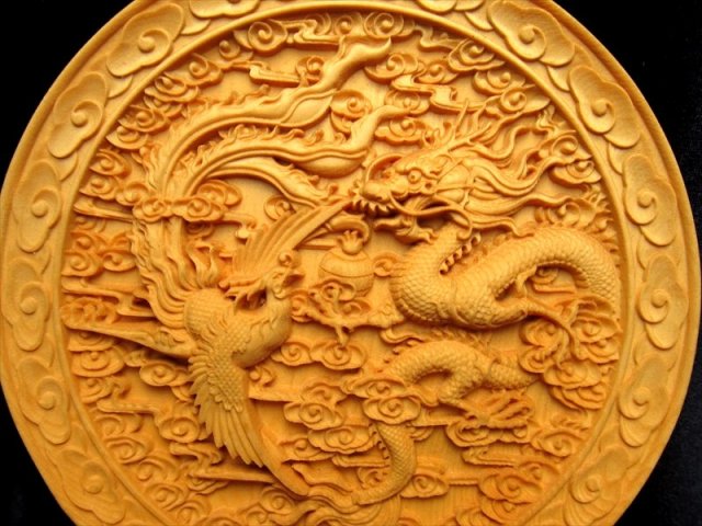 5A お皿型龍神＆鳳凰彫り 直径約145mm 台付き 極上木彫り 龍神＆鳳凰 風水やインテリアに ok-s