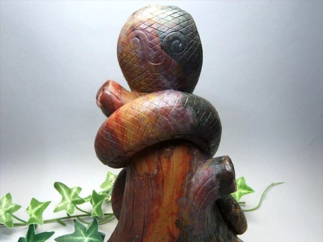 本物の質感 縁起物 ジャスパー ヘビ（白蛇）彫刻置物 高さ約186mm 約