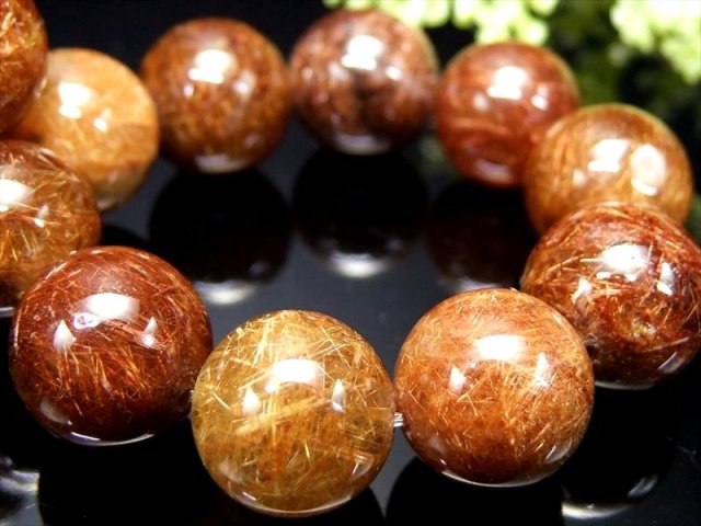 3種のルチル ゴールド&ブラウン&ブロンズ MIXルチル ブレスレット 13mm-14mm×16珠 一点もの ブラジル産