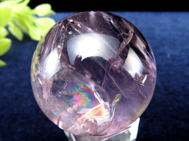 虹入り ラベンダーアメジスト 丸玉 台付 直径38mm 重さ77g 透明