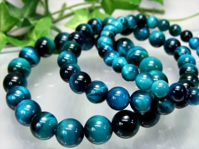 新色3A級 マリンブルー カラータイガーアイブレスレット 8mm-8.5mm×23
