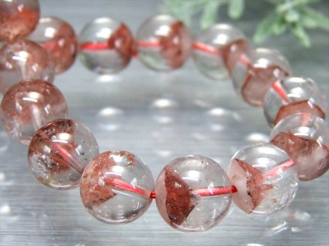 縁起物の赤富士入り 3A+ レッドファントム 赤幻影水晶 ブレスレット 9.5mm-10mm×21珠 くっきり山型 運気上昇の縁起石 一点物 ブラジル産