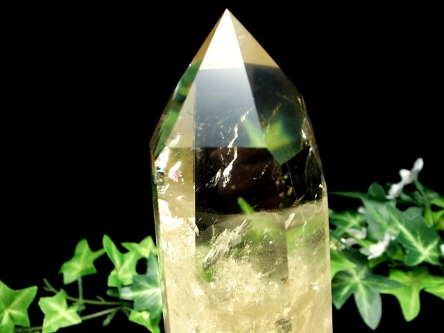 虹・エンジェルラダー入り 4A【シトリン ポイント 六角柱 台座付】高さ約172mm 重さ502g 透明感抜群 黄水晶 11月の誕生石 一点もの【ブラジル産】