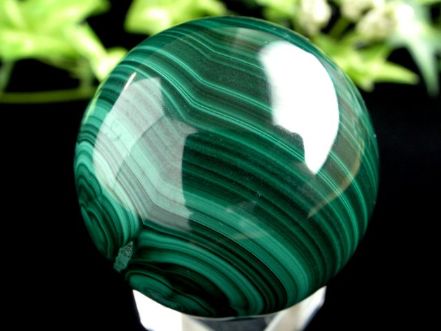 マラカイト丸玉 台座付 直径 約39mm 重さ 約120g 美麗繊細模様 濃厚