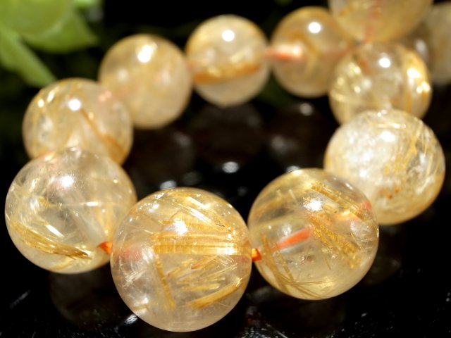 虹入り！3A ゴールドルチルクォーツ ブレスレット 11.5mm-12mm×18珠 繊細針 ルチル際立つ透明感 金運の代表石 一点もの ブラジル産