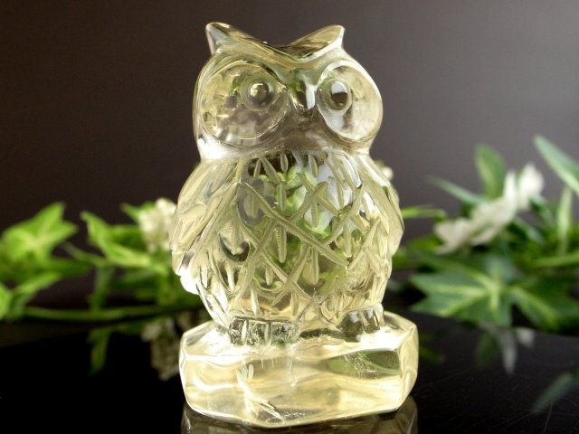 高品質 シトリン フクロウ彫り 止まり木 流木台座 付き 高さ50mm 重さ