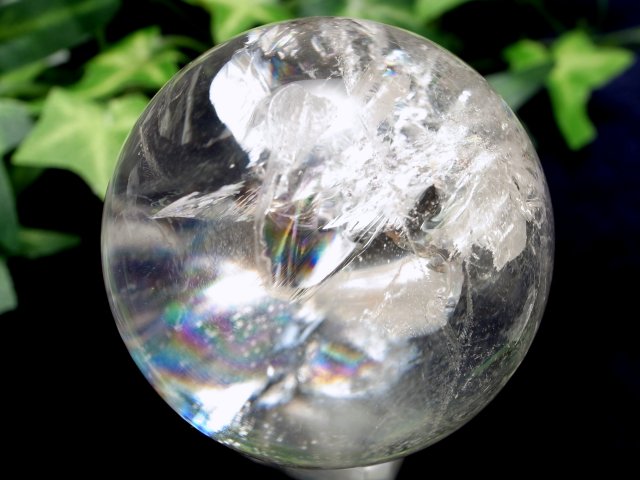 超透明 5A レムリアン水晶 丸玉 台座付き φ45.5mm 重さ132g 古代の叡智を封じ込めた水晶 レムリアンクリスタル レインボー水晶