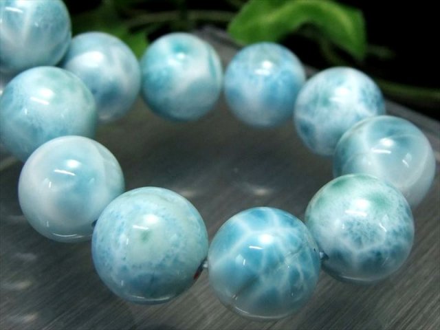 店頭展示中 大珠 水面模様くっきり3A+ ラリマー ブルーペクトライト ブレスレット 14mm-14.5mm×16珠 愛と平和の石 カリブの青い奇跡 一点もの