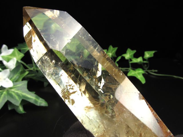 虹・ラダー入り 4A シトリン ポイント 六角柱 専用木製台付 高さ約165mm 重さ570g 透明感抜群 黄水晶 一点もの ブラジル産