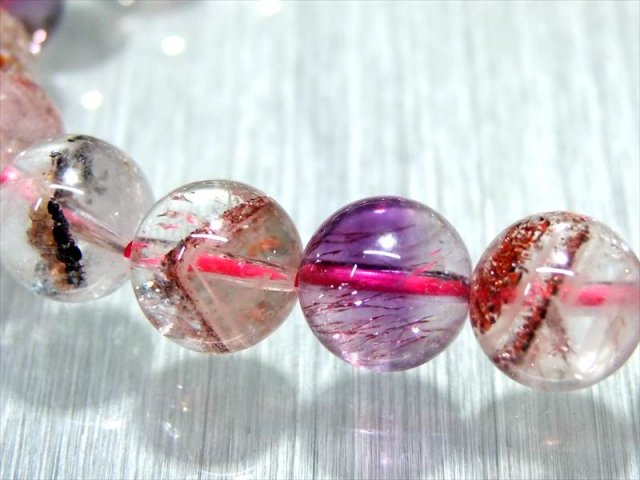 金属光沢有り・たっぷり内包物 5A スーパーセブン ブレスレット 9mm-9.5mm×21珠 一点もの ブラジル産