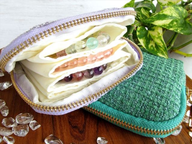 選べる3色 ツイード生地 ブレスレット専用 旅ポーチ 内ポケット付き 幅約12.5cm×12cm アクセサリーポーチ パワーストーンブレスレットの持ち運び・保管に