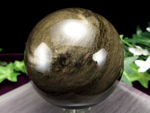 シラーくっきり 希少 4A ゴールデンシャイン オブシディアン 丸玉 台座付き 重さ411.5g 直径約70mm 大人気丸玉 ゴールデンシラー 黒曜石 一点もの メキシコ産