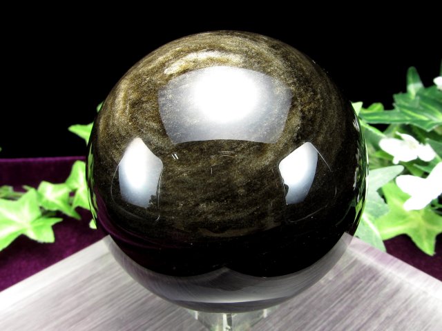 シラーくっきり 希少 4A ゴールデンシャイン オブシディアン 丸玉 台座付き 重さ523.5g 直径約74.5mm 大人気丸玉 ゴールデンシラー 黒曜石 一点もの