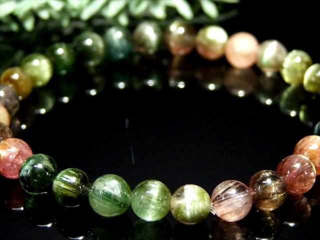 透明インディゴ珠有り 4A+ キャッツアイ MIXトルマリン ブレスレット 6.5mm-7mm×30珠 ポップなパステルカラー 幸運・健康を引き寄せる石 極上宝石質グレード