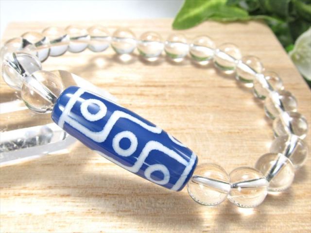 ブルーカラー瑪瑙天珠 九眼天珠 くがんてんじゅ 天然水晶 クリスタル デザインブレスレット 天珠サイズ約29mm×1個 天然水晶8mm-8.5mm×20珠