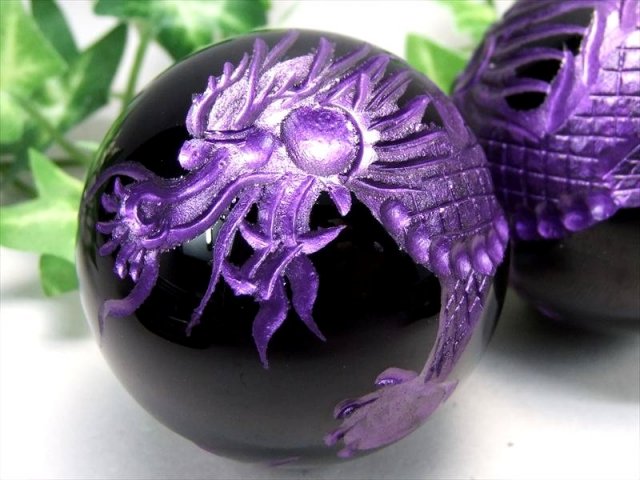紫龍 五本爪龍神彫り 神の色 五本爪龍彫り オブシディアン 丸玉 1個売り サイズ約50mm 重さ約170g ドラゴンボール 龍玉 付き パワーストーン 天然石