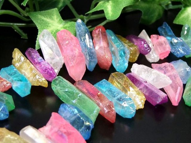 フロスト加工 虹色光沢 MIXカラーオーラポイント 一連 縦約15mm-40mm 約39cm MIXカラーオーラ ポイント連 クレオ穴 ブラジル産 rn-s