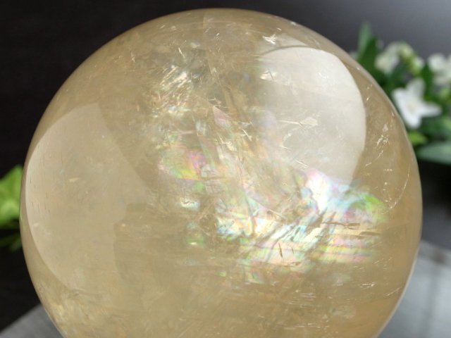 5A 超透明 キラキラ ゴールデン カルサイト 丸玉 台座付 直径約81mm 重さ797g 繁栄と成功の象徴 丸玉置物 一点もの メキシコ産