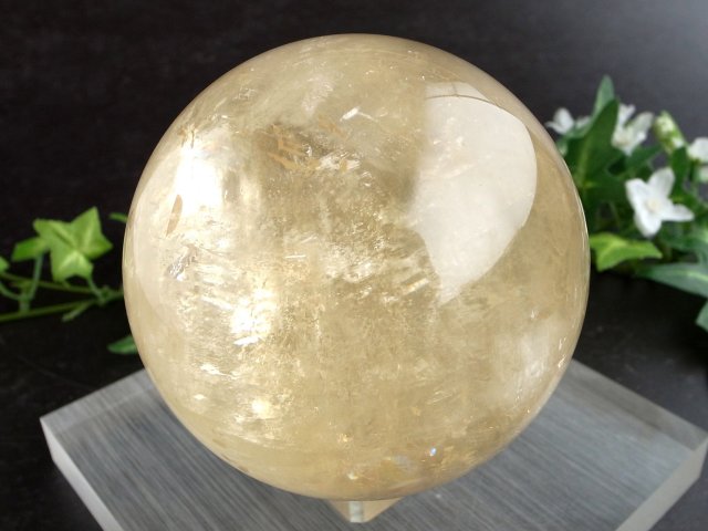 5A 超透明 キラキラ ゴールデン カルサイト 丸玉 台座付 直径約86mm 重さ933g 繁栄と成功の象徴 丸玉置物 一点もの メキシコ産 パワーストーン 天然石