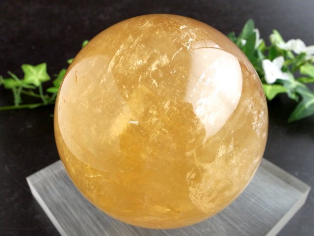 別格 透明 4A 虹入り ディープゴールデン カルサイト 丸玉 台座付 直径約89mm 重さ1048g 繁栄と成功の象徴 丸玉置物 一点もの メキシコ産