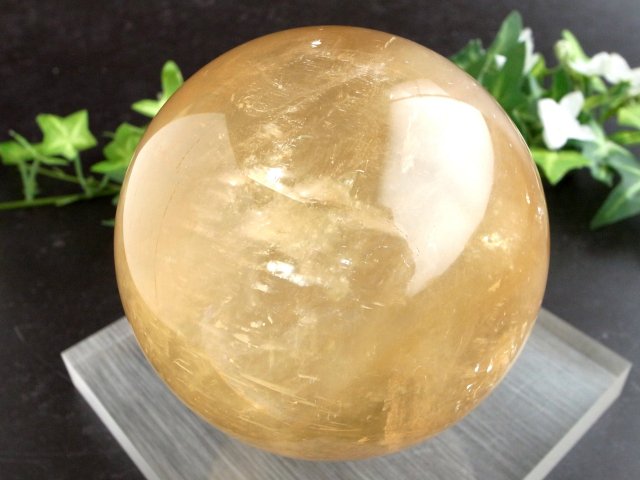 別格 透明 4A 虹入り ディープゴールデン カルサイト 丸玉 台座付 直径約91mm 重さ1104g 繁栄と成功の象徴 丸玉置物 一点もの メキシコ産