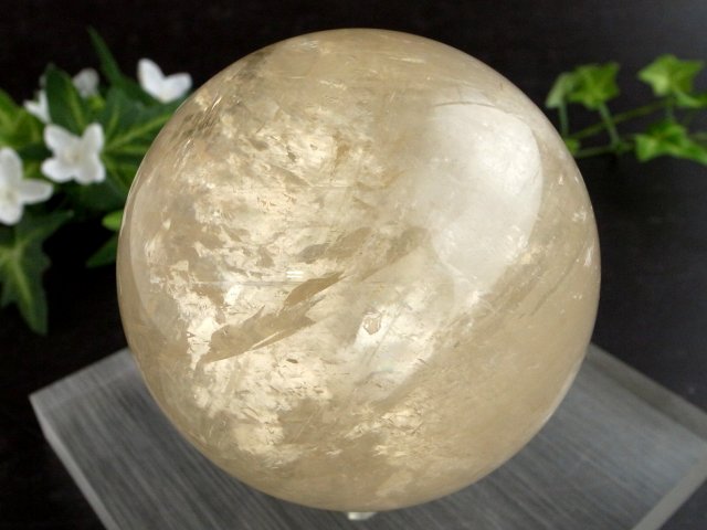 別格 透明 虹入り 4A ゴールデン カルサイト 丸玉 台座付 直径81mm 重さ796g 繁栄と成功の象徴 丸玉置物 一点もの メキシコ産